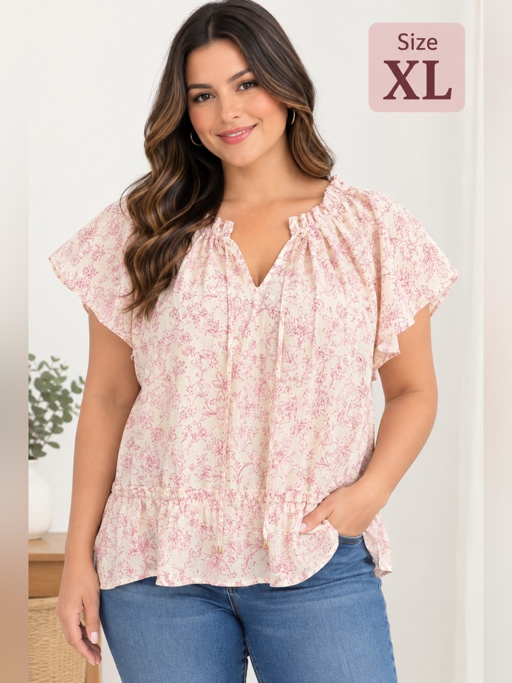 Philosophy Blush Pink Floral Ruffle-Hem Blouse